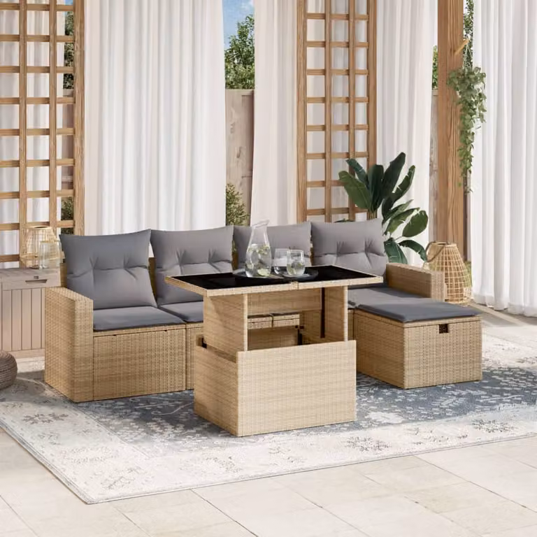 vidaXL Set Divano da Giardino 6 pz a L in Polyrattan con Cuscini Beige e Grigio