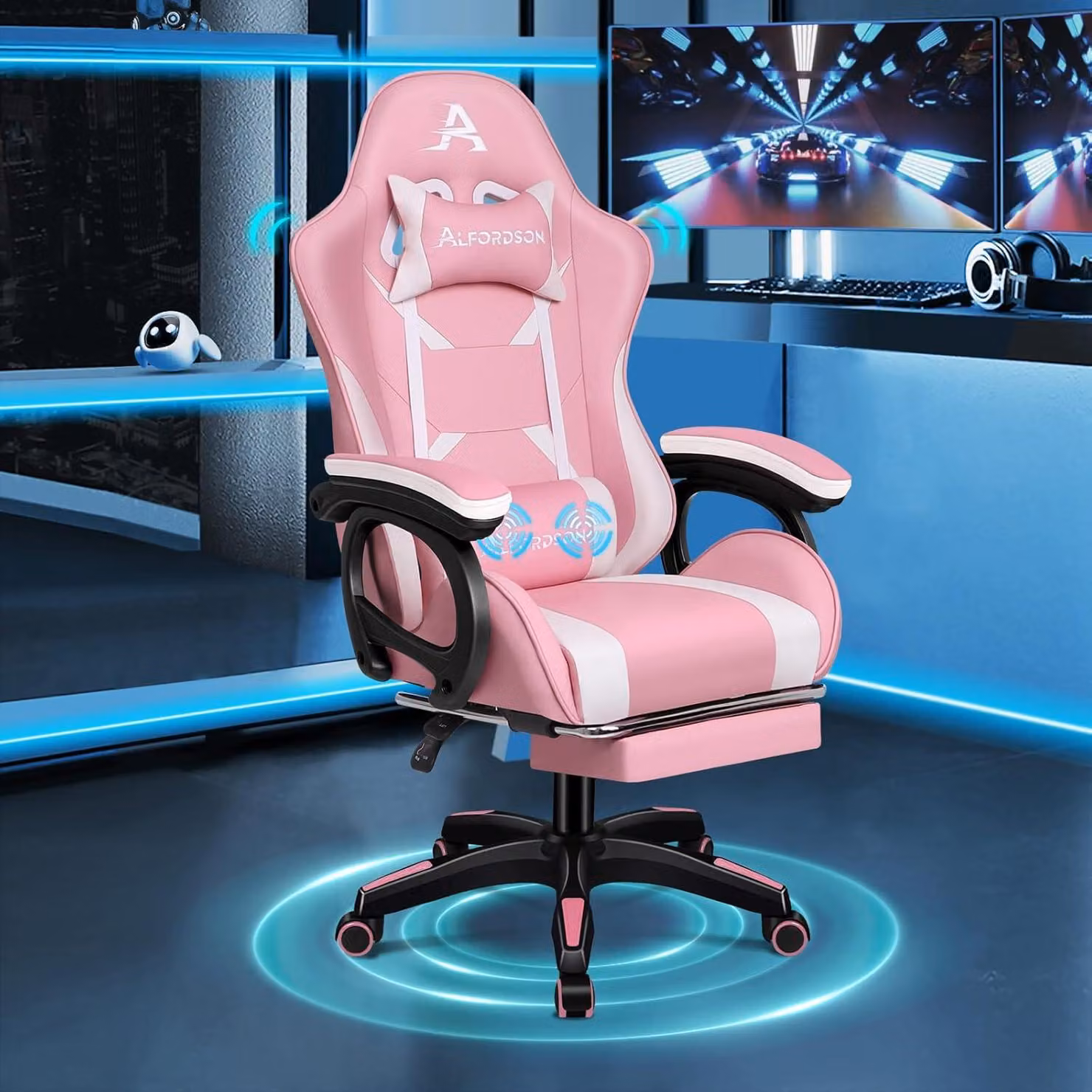Sedia da gaming roza con funzione massaggio e poggiapiedi, sedia da ufficio ergonomica con supporto lombare