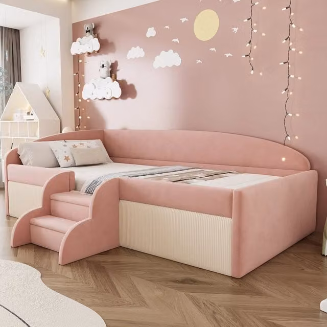 Divano letto per bambini 90x190 in velluto, letto rosa e bianco crema con gradini integrati