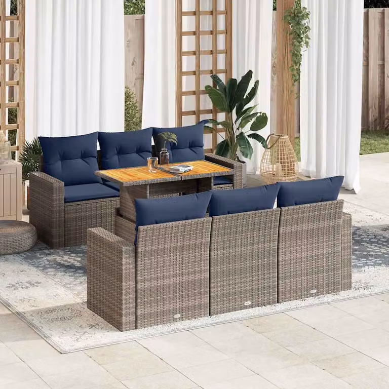 Set di divani da giardino vidaXL in polyrattan e legno di acacia oliato con 7 pezzi e cuscini grigi e blu