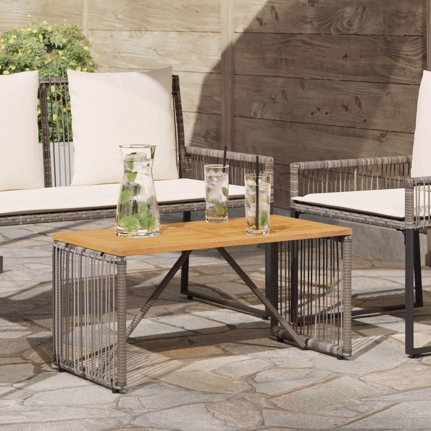 Tavolo da esterno rettangolare vidaXL in polyrattan e legno di acacia, Grigio e Marrone, L 80 x P 40 x H 40 cm
