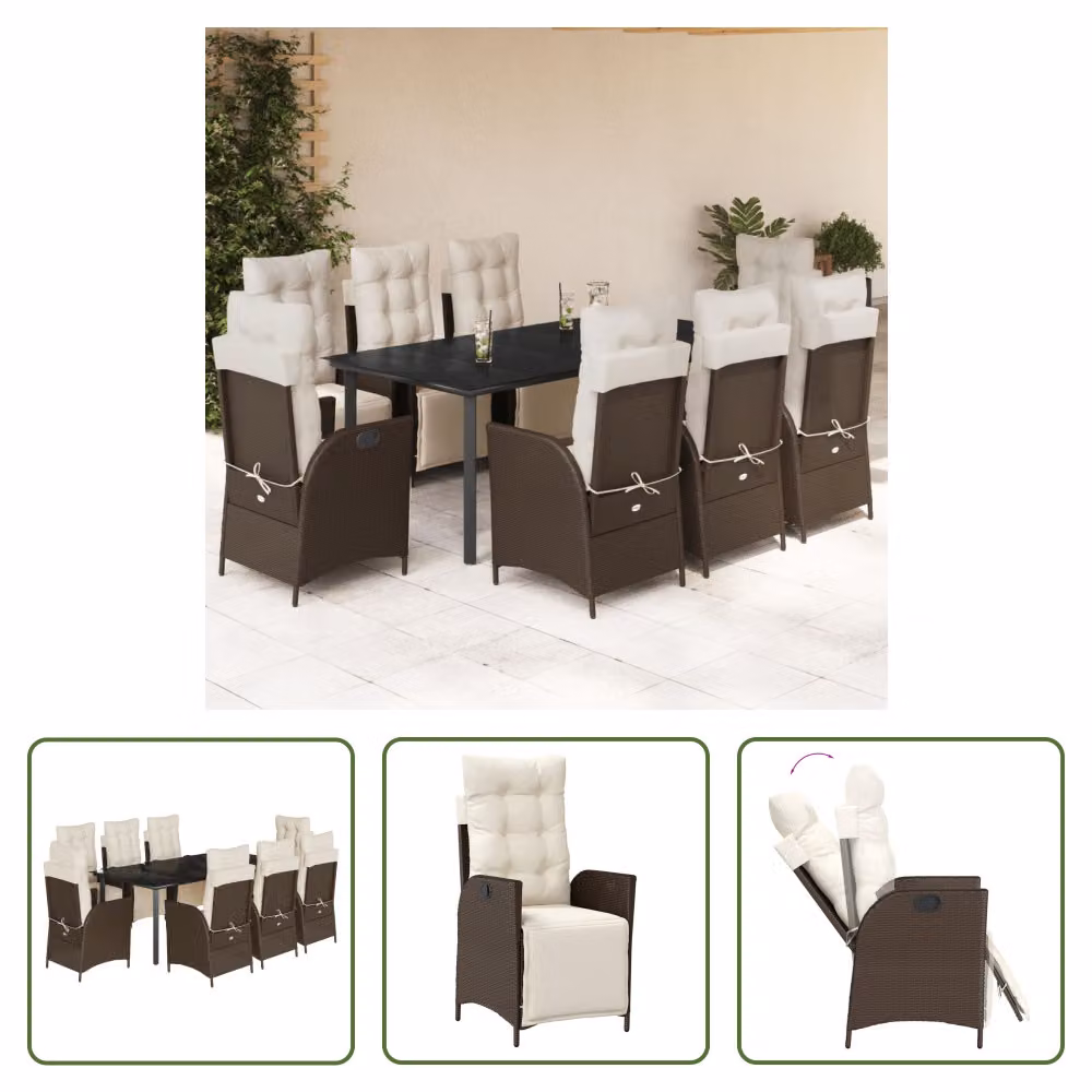 The Living Store Set da pranzo da giardino 9 pezzi con cuscini in polirattan marrone