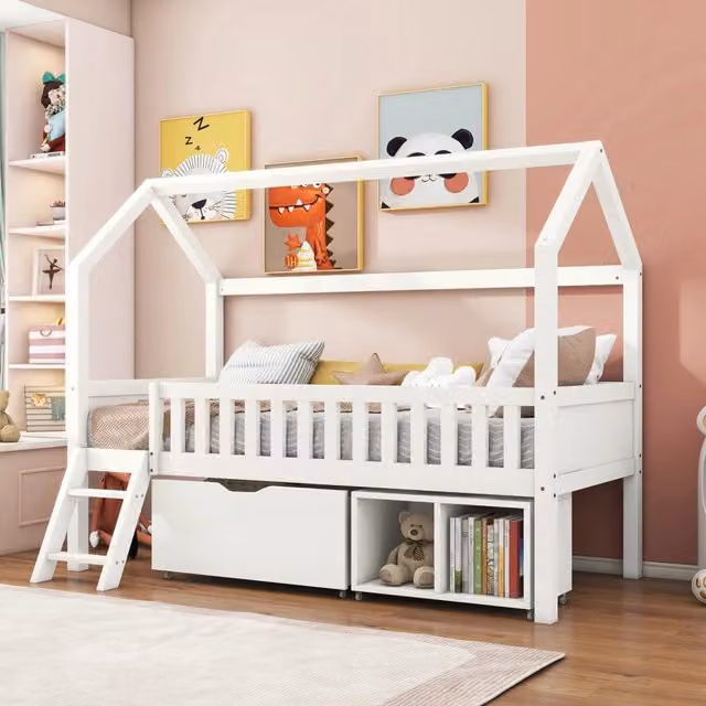 Letto a castello bianco con cassetti e scomparti 200x90 cm in legno massello di pino