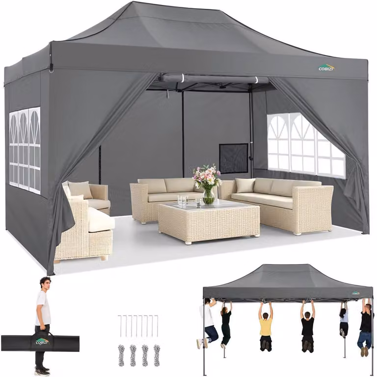 Gazebo da esterno 3x4,5 metri, impermeabile, con protezione UV 50+ e 4 pannelli laterali grigi