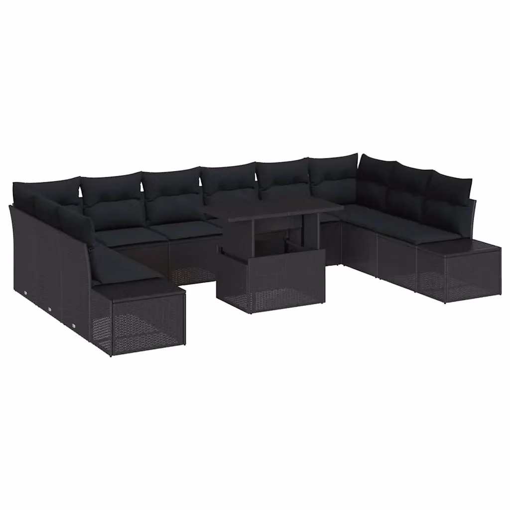 Set Divano da Giardino vidaXL 11 pz a forma a U in Polyrattan Nero con Cuscini e Tavolino da Esterno – 2