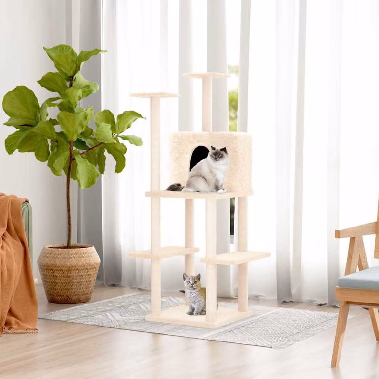 Albero per gatti vidaXL con tiragraffi in sisal, colore beige, H: 144,5 cm, L: 47,5 cm, P: 47,5 cm