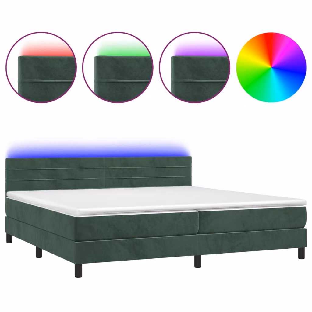 Letto a Molle con Materasso e LED Verde Scuro 200x200cm Velluto