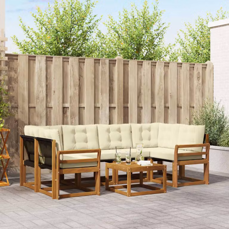 vidaXL Set di divani da esterno 7 pz in legno di acacia con cuscini beige e bianco