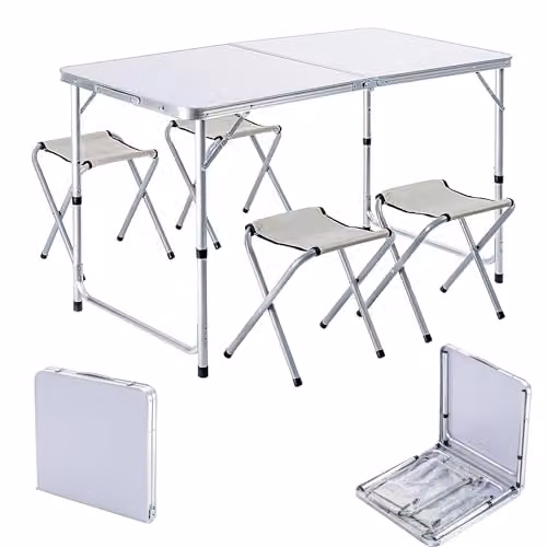 KADAX Set di mobili da campeggio, tavolo da campeggio con sedie pieghevoli, tavolo pieghevole con 4 poltrone, set di seduta regolabile in altezza, tavolo pieghevole, tavolo multifunzione per campeggio