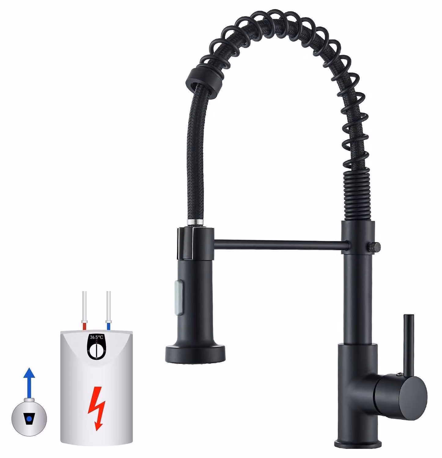 Rubinetto da cucina a bassa pressione, flessibile, girevole a 360°, con doccetta, colore nero