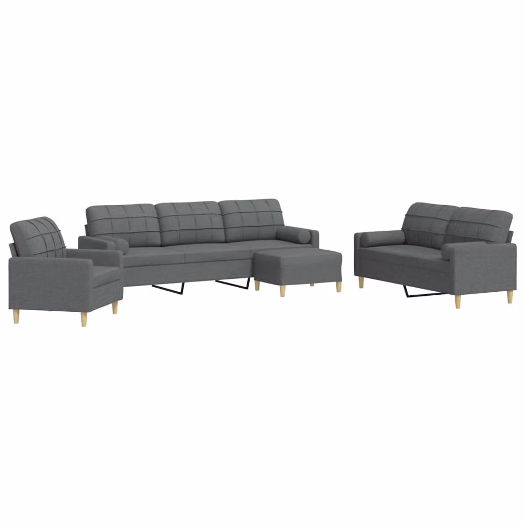 Set Divani 4 pz con Poggiapiedi e Cuscini Grigio Scuro Tessuto