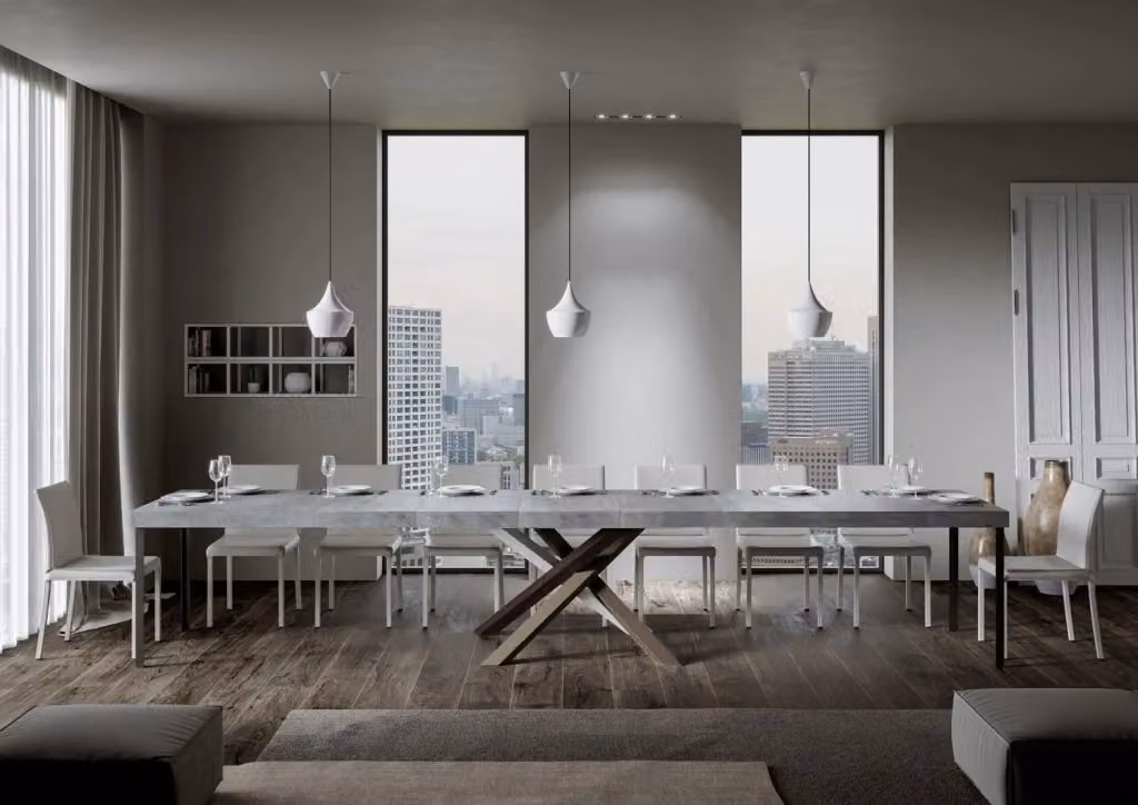Tavolo allungabile Volta Premium Bs Com colore cemento grigio con telaio a X e piano in materiale composito L: 90-400 cm, P: 140 cm – 2