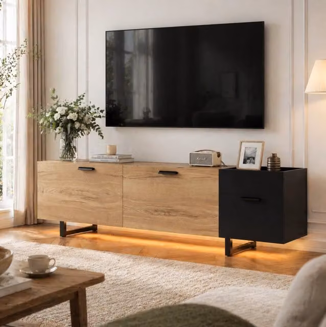 Mobile TV ULEVR 180x38x49 cm con LED, cassetti e vani aperti, struttura in legno ingegnerizzato nero