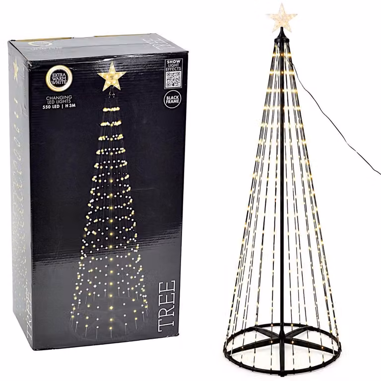 Albero di Natale a LED, 300 cm di altezza, 550 LED, luce bianco caldo, con telecomando e trasformatore IP44, colore nero, adatto per interni ed esterni