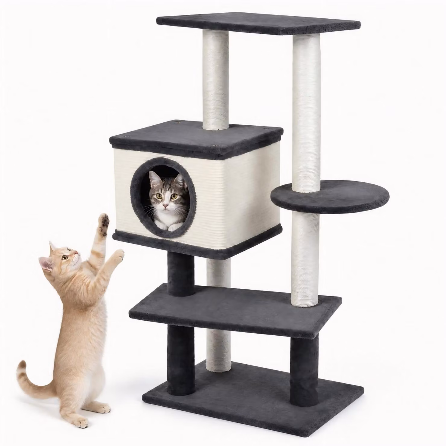 Albero per gatti KOMFOTTEU, altezza 99 cm, con cuccia, pannello in sisal per graffiare e pali per graffiare