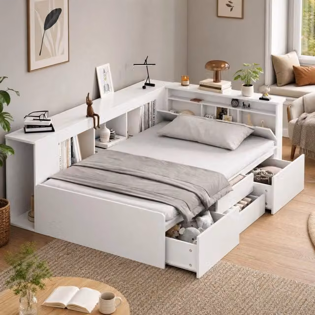 Letto per bambini 90x200 cm in MDF bianco con cassetti e vani portaoggetti; senza materasso