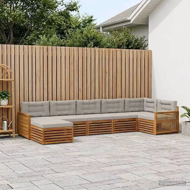 Set di divani da esterno a L con ottoman vidaXL in legno di acacia, 7 pezzi, beige e grigio – 1