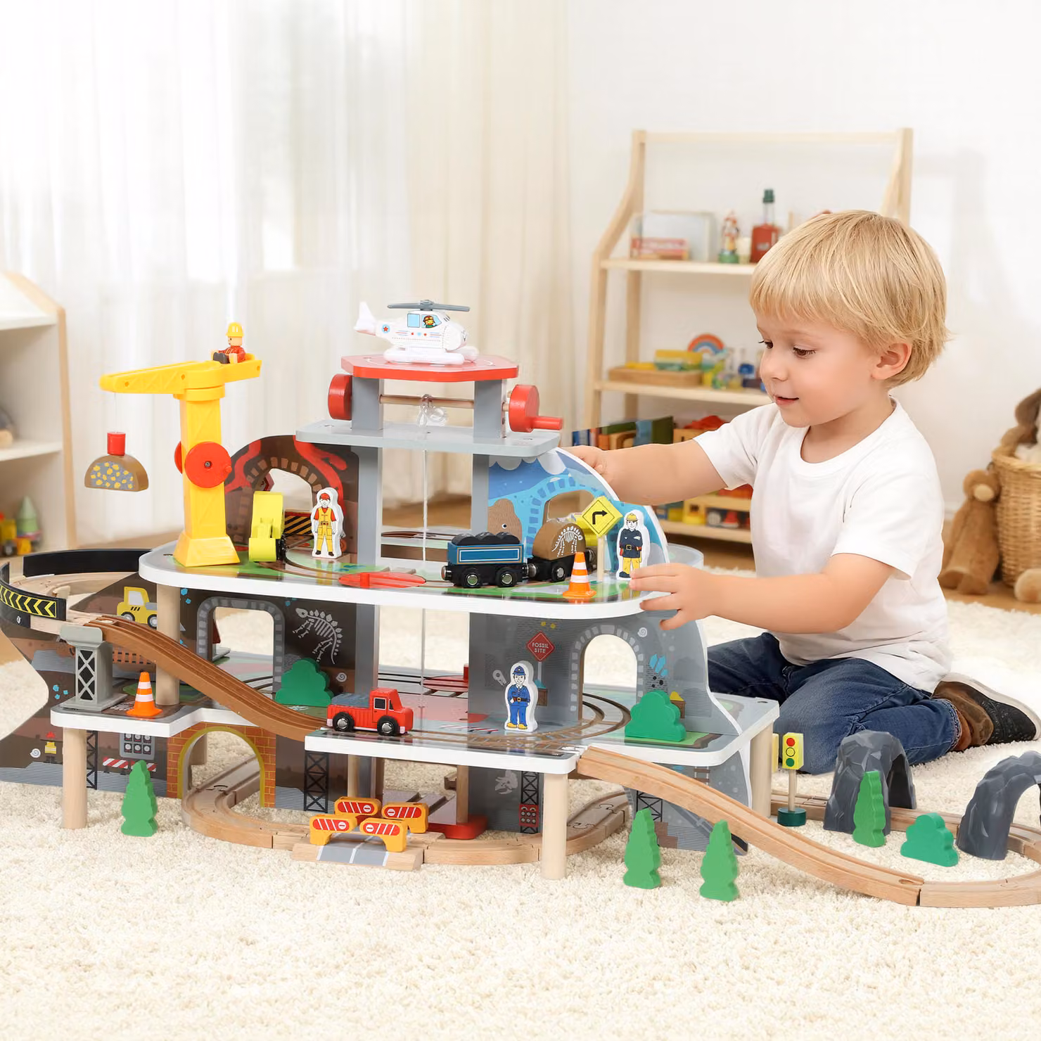 Set trenino in legno AIYAPLAY multicolore con 79 pezzi, 4 livelli, ascensore e gru – 2