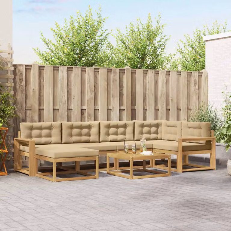 vidaXL Set di divani da esterno a forma di U composto da 7 pezzi in legno di acacia con cuscini Bianco e Beige