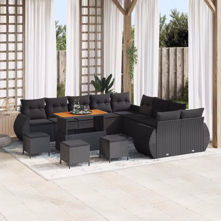 Set Divano da Giardino vidaXL a forma a U composto da 14 pezzi con cuscini e tavolino, Nero