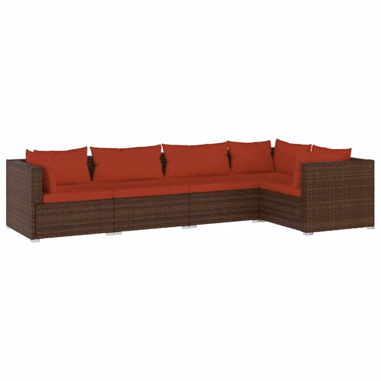 Set Divani da Giardino 5 pz con Cuscini in Polyrattan Marrone