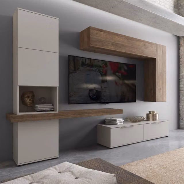 Parete Attrezzata Modulabile DMORA Riccia per Soggiorno, Beige e Marrone