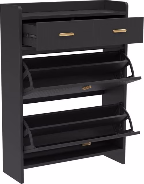Armadio porta scarpe nero con 2 ante a ribalta, 1 cassetto e ripiano aperto, 75 × 24 × 108,5 cm