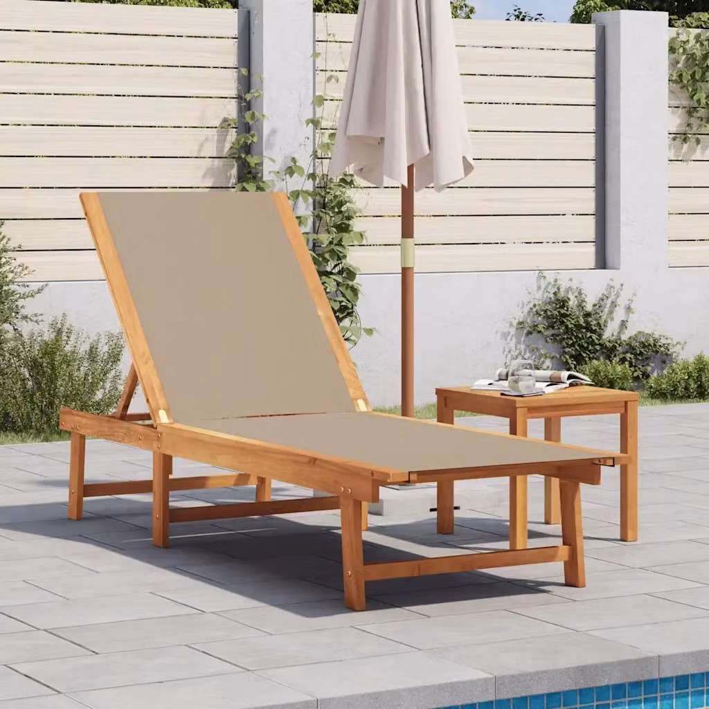 Lettino prendisole da giardino in legno di acacia e textilene beige con poggiatesta regolabile L/P/H: 200 x 66 x 98 cm – 2