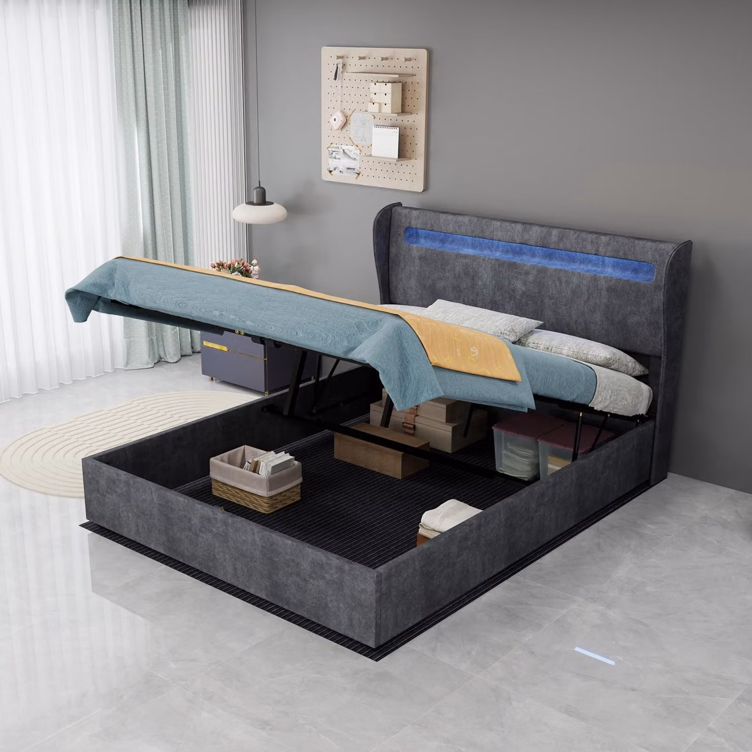 Letto imbottito 160x200 con spazio contenitore, funzione di ricarica USB di tipo C integrata nella testiera, struttura del letto con rete a doghe, rivestimento in lino, senza materasso