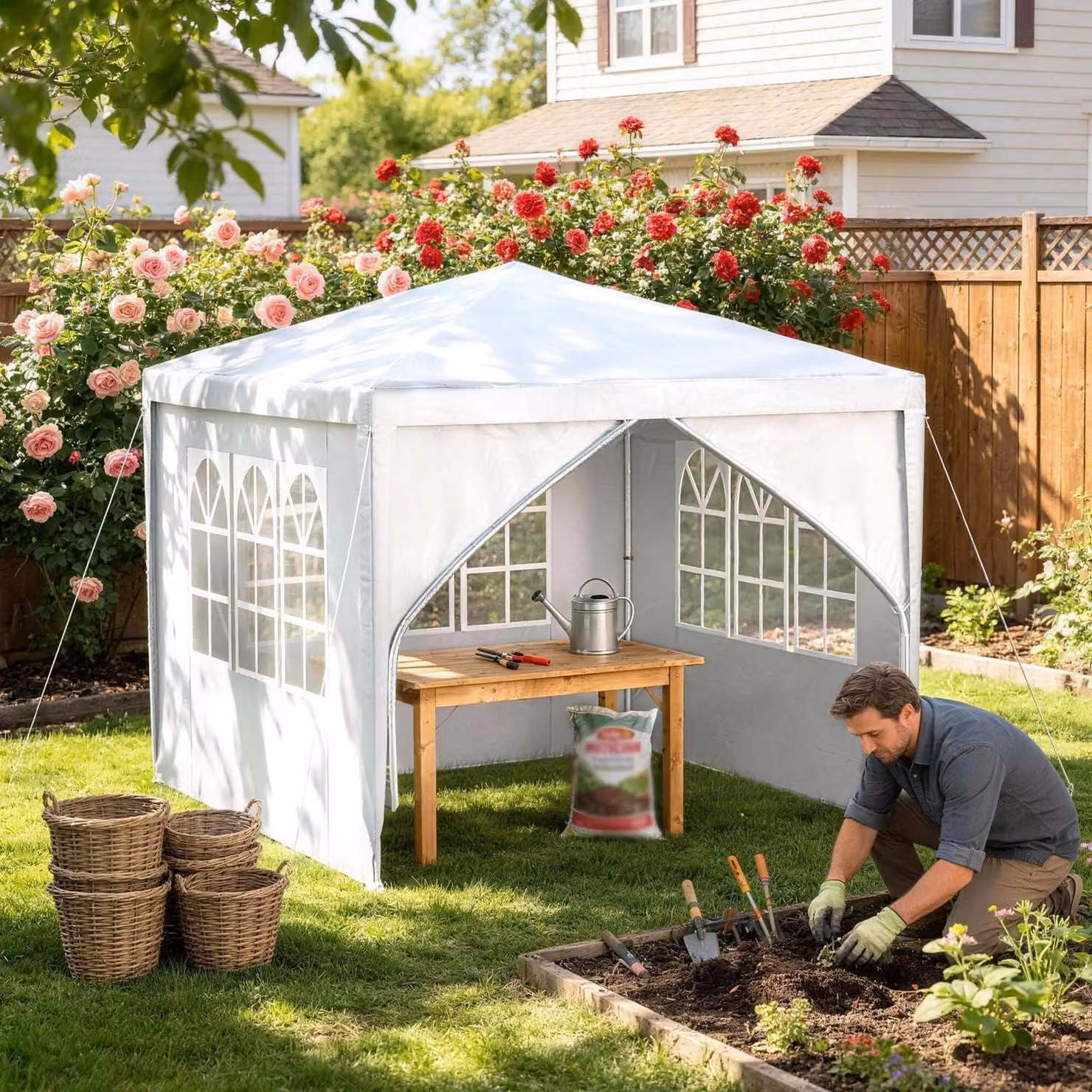 Tenda da festa 3x3 metri con 4 pareti laterali, impermeabile, colore bianco