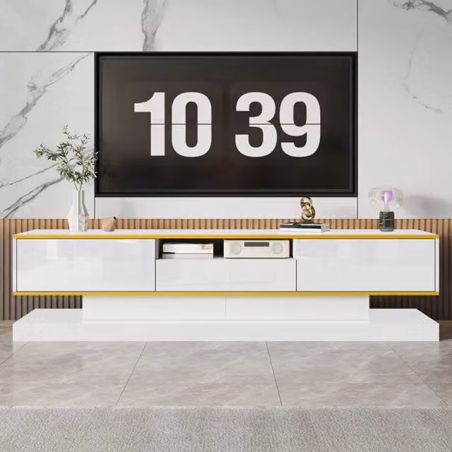 Mobile TV moderno 180x38x45 cm, 3 cassetti e 1 vano aperto, finitura lucida con LED a cambio colore