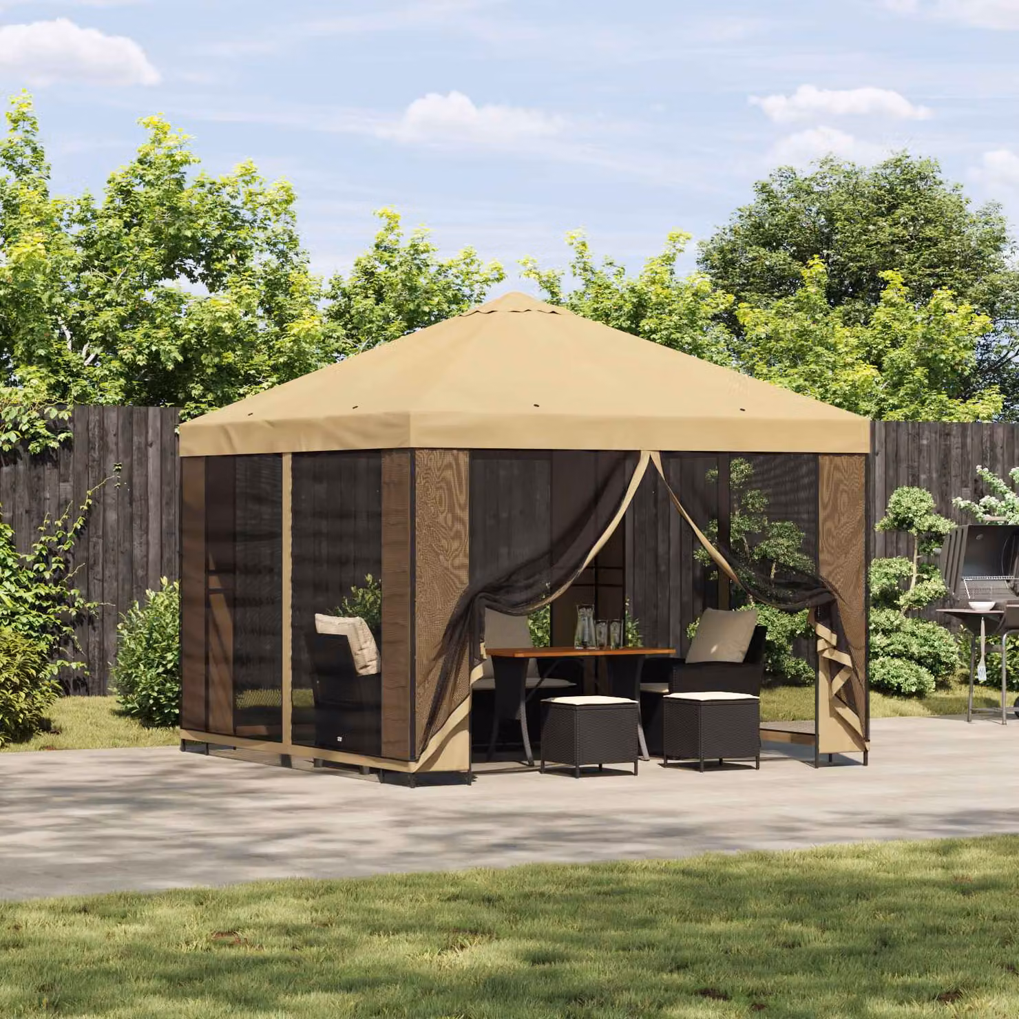 vidaXL Gazebo da giardino con pareti laterali in acciaio e poliestere, Beige, L 300 x P 300 x H 276,5 cm