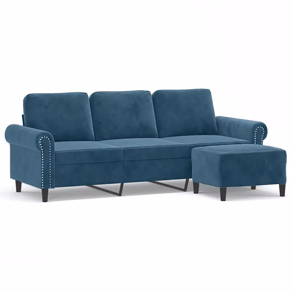 Divano a 3 posti con poggiapiedi blu in velluto vidaXL L: 212 cm, P: 80 cm, H: 77 cm – 2