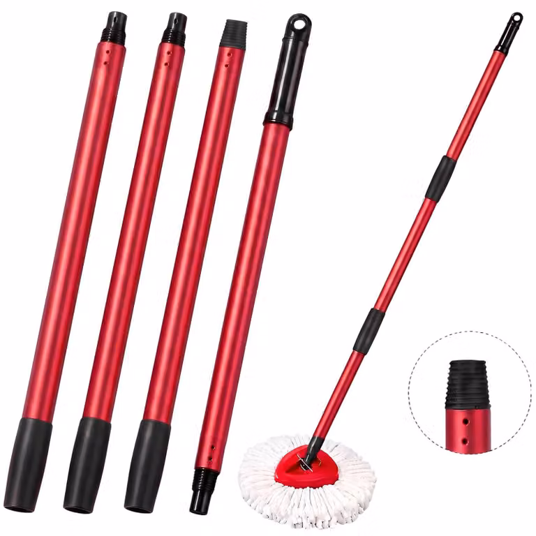 Manico di ricambio per mop, set da 4 pezzi, regolabile, in acciaio inossidabile, rosso/nero
