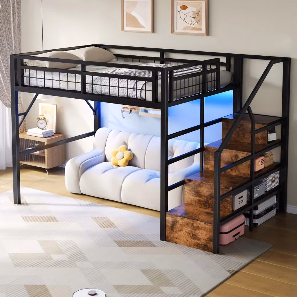 Letto a soppalco MIVRAY nero con scala contenitore e barra LED integrata regolabile tramite app, in metallo e MDF, L/P/H: 252 x 140 x 160 cm – 2