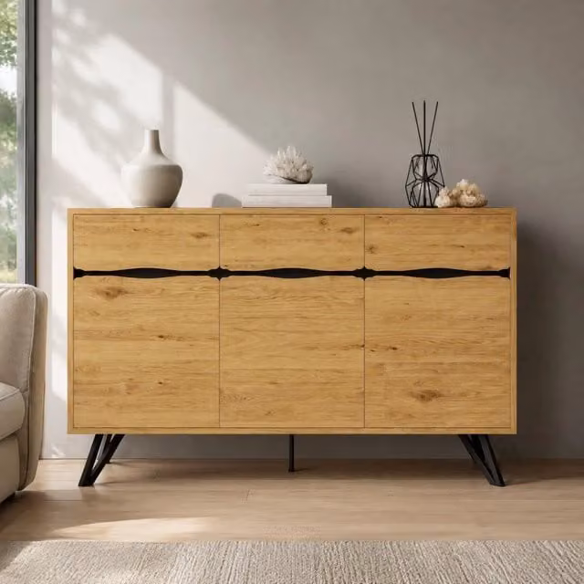 Credenza moderna REDOM con 3 ante in effetto legno nero e gambe in metallo L/P/H: 140 x 40 x 75,5 cm – 1