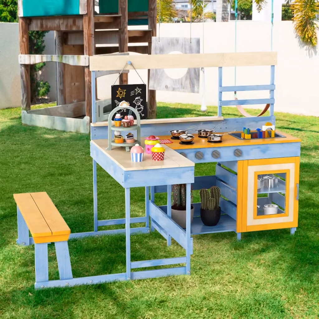 Set gioco cucina da giardino Design Mania con tavolo da picnic e panchina in legno e metallo, colore blu – 2