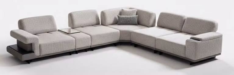 Divano ad L grigio, moderno, di design, elegante, confortevole, in tessuto