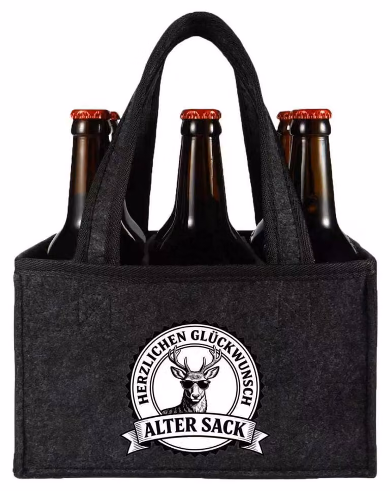 Borsa termica in feltro con scritta "Vecchio rimbambito, tanti auguri" per 6 bottiglie, dimensioni 24x15x15 cm