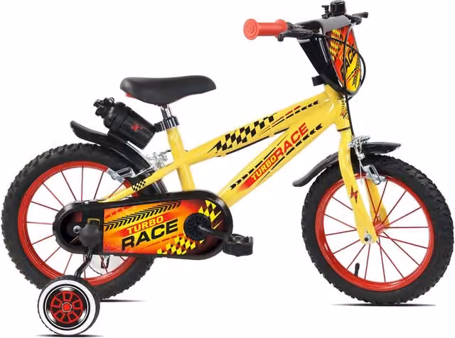 Bicicletta per bambini Turbo Race Giordanoshop 16 pollici Giallo con freni caliper e stabilizzatori in acciaio Hi-Ten