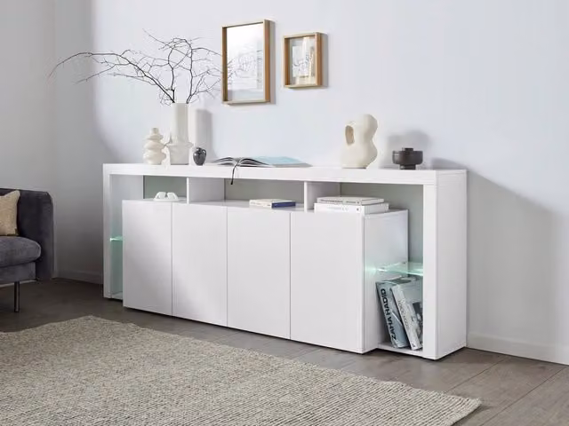 Credenza con 4 Ante e Ripiani in Vetro a Giorno 220x40x80 cm Essential 3A Bianco Lucido