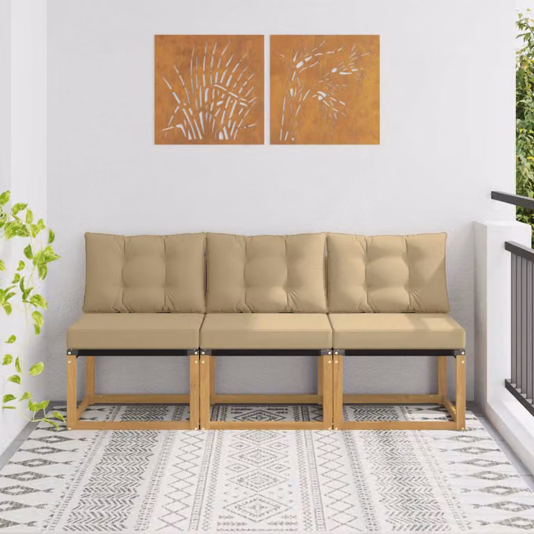 Set di 3 divani centrali da esterno vidaXL in legno di acacia e tessuto, colore bianco/beige, stile moderno per giardino e terrazzo