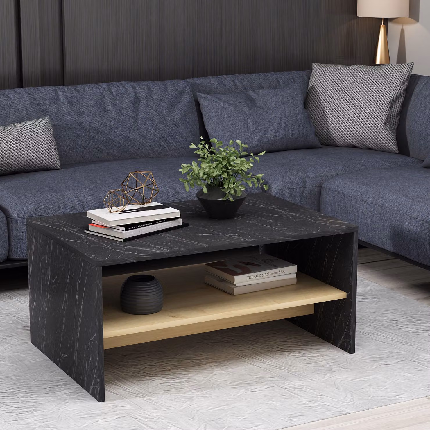 Skye Decor, Apollon - Marmo nero, Rovere zaffiro, tavolino da caffè, nero, 100 % MELAMIN COATED SLIPBOARD, 90 x 45 x 46,8 cm