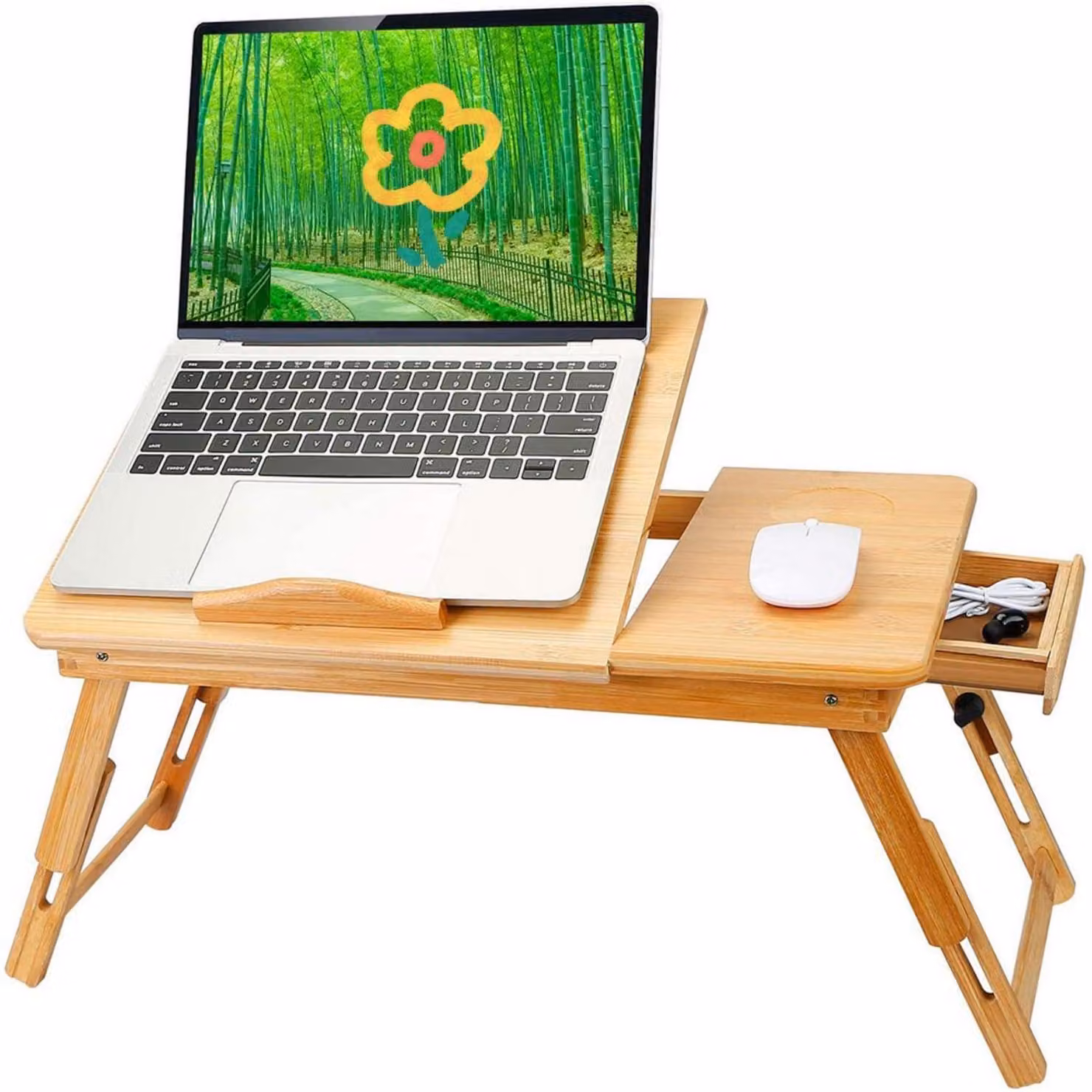 Tavolo per laptop, tavolo per notebook, regolabile in altezza, con cassetto, ventilato, inclinabile, pieghevole, supporto per laptop, tavolino da letto, per letto, divano, poltrona, dimensioni 66x30x35 cm, colore legno