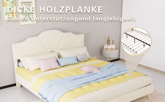 Letto imbottito moderno 160×200 cm beige con testiera geometrica impunturata, base bassa con doghe, materasso 160×200 cm incluso