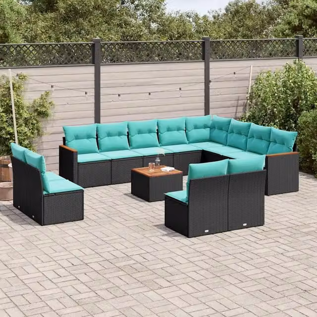 Set di Divani da Giardino a Forma di U con Cuscini vidaXL, Polyrattan e Acciaio, Colore Nero, Blu e Turchese – 1
