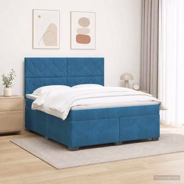 Letto box spring ibrido vidaXL in velluto blu con materasso a molle pocket e base contenitore, L/P: 160 x 200 cm