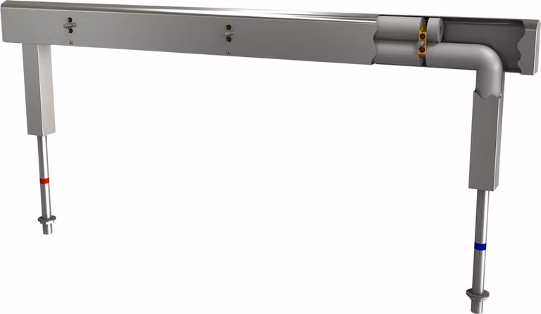 Gruppo rubinetteria KWC AR, acciaio inox, a due file, 6 lavabi, 2400 mm, alimentazione e scarico acqua.