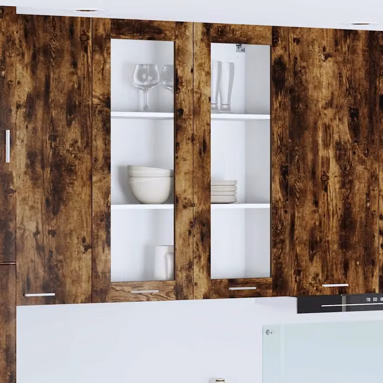 Armadio pensile da cucina moderno vidaXL in rovere fumé con ante in vetro e ripiani interni, L: 80 cm, P: 31 cm, H: 100 cm