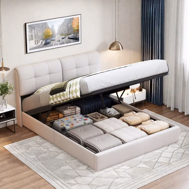 Letto imbottito matrimoniale 160 x 200 cm con illuminazione a LED, letto contenitore funzionale con testiera con vano contenitore-beige
